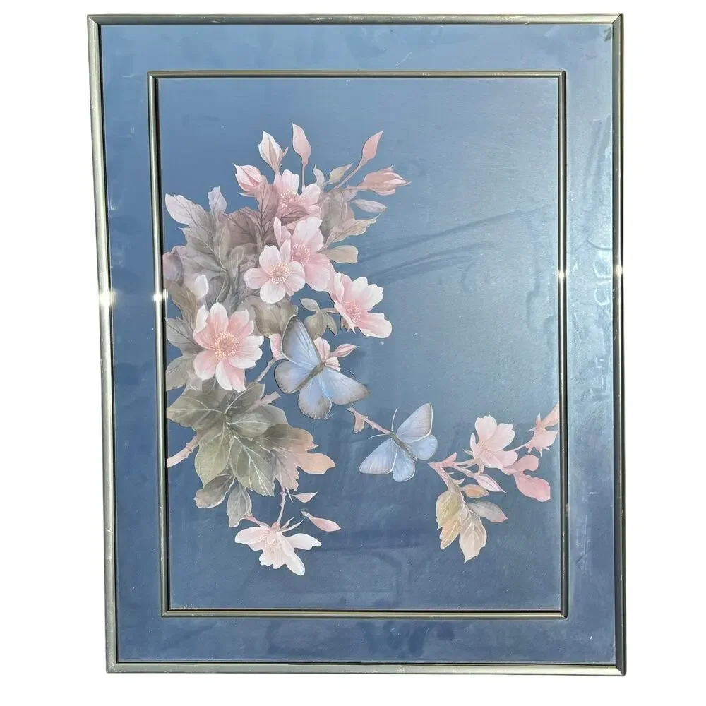 Vtg MCM Gold Framed Mirror Butterflies Flowers 22x28” ‘80s Marsel Hollywood Reg.